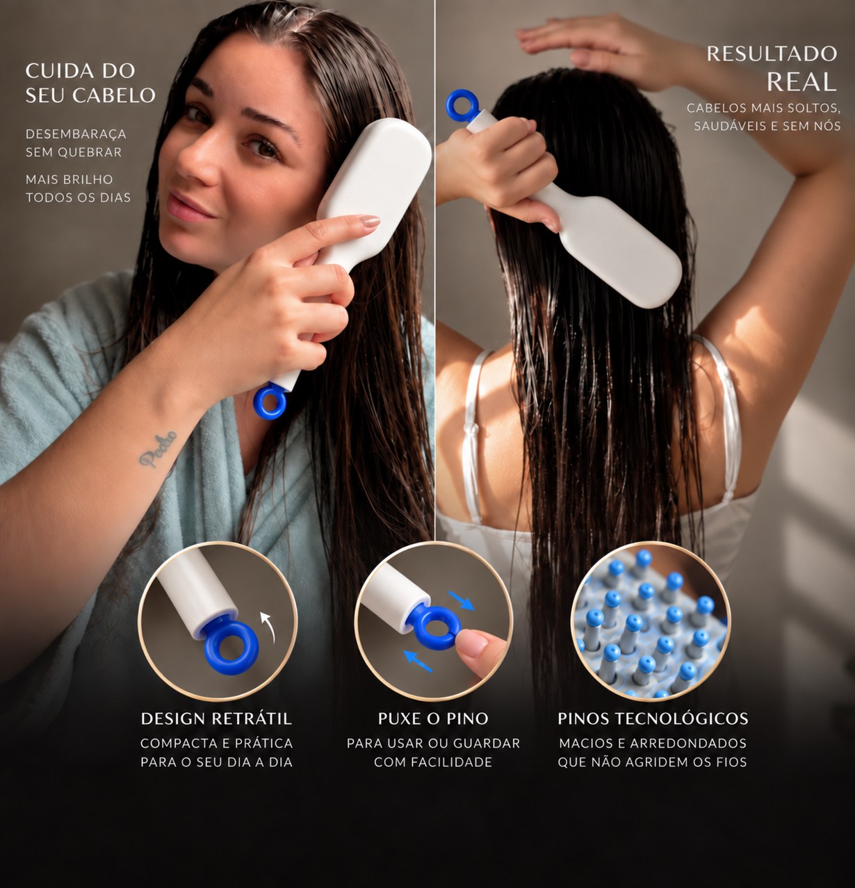 Mulher desembaraçando o cabelo molhado com a Escova Mágica Retrátil Premium: design retrátil, puxe o pino e pinos tecnológicos